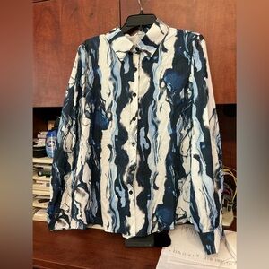 Abstract Blue and White Button-Up Shirt